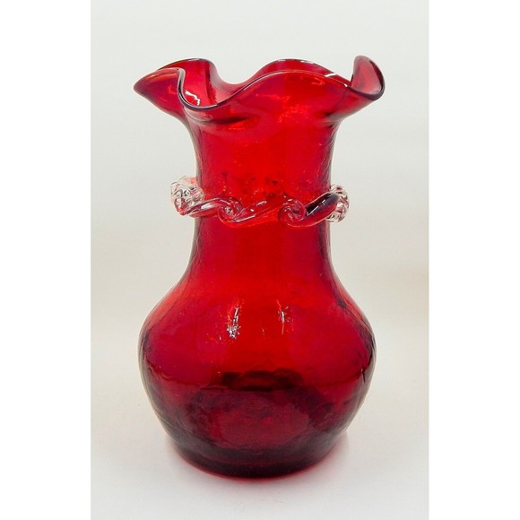 Kanawha Ruby Red Crackle Blown Glass Vase Applied Clear Rigaree Scroll - Picture 1 of 10